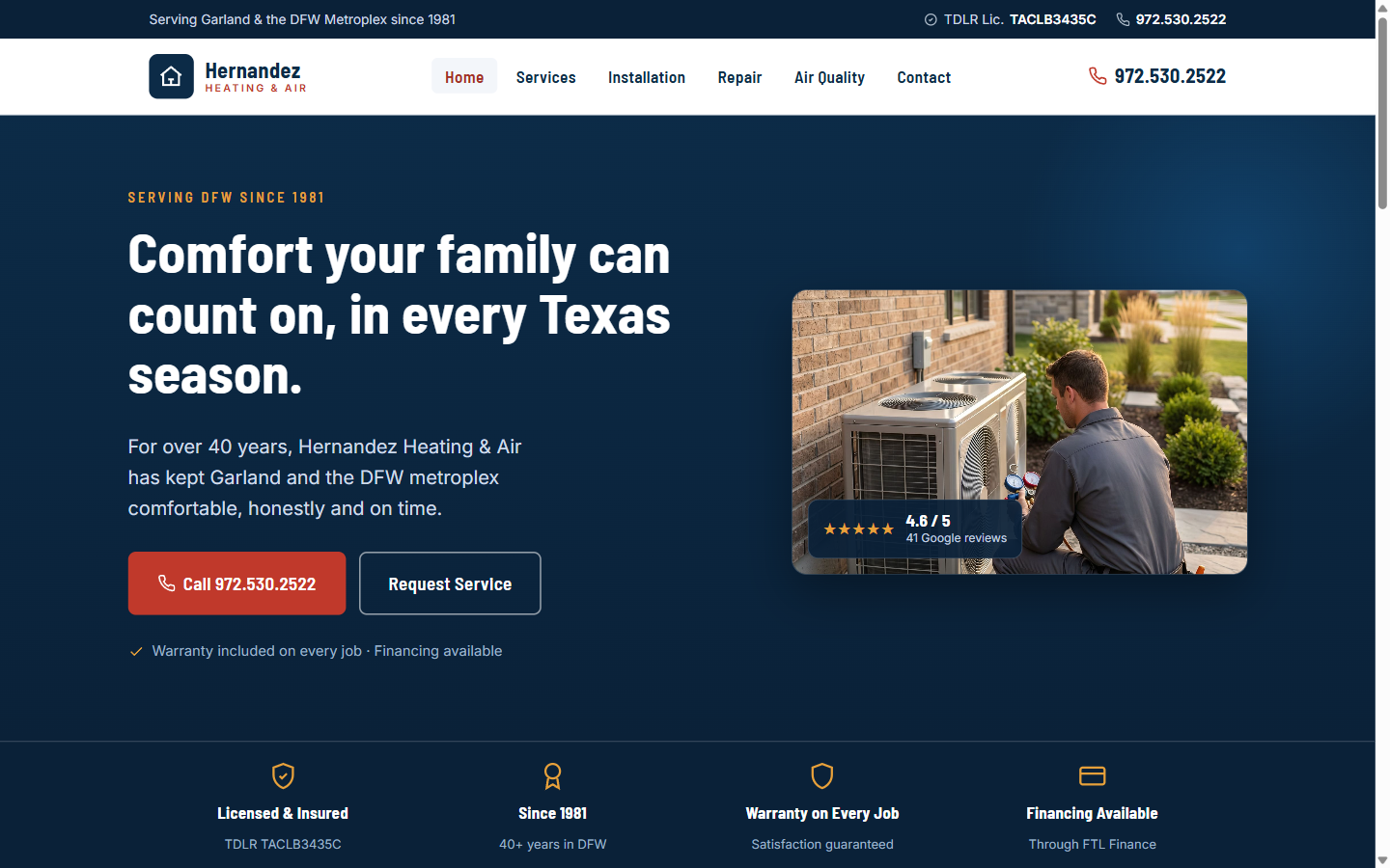 The rebuilt Hernandez Heating & Air website: a bold headline, a large tap-to-call button, licence number and Google rating shown up front.