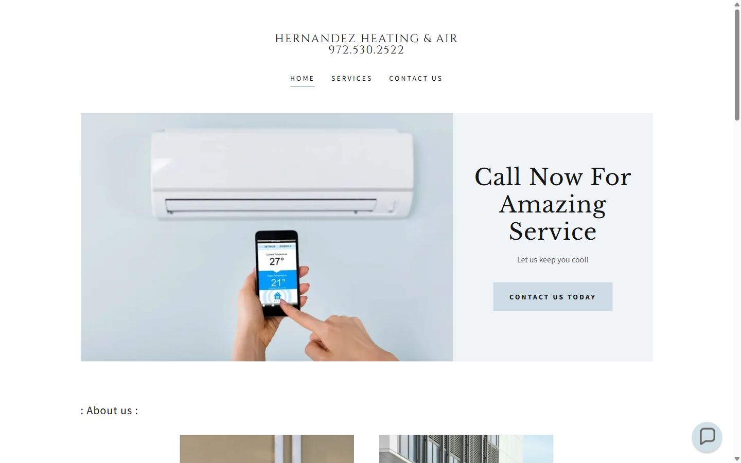Hernandez Heating & Air's existing website: a dated template with a small hero and no clear call-to-action.