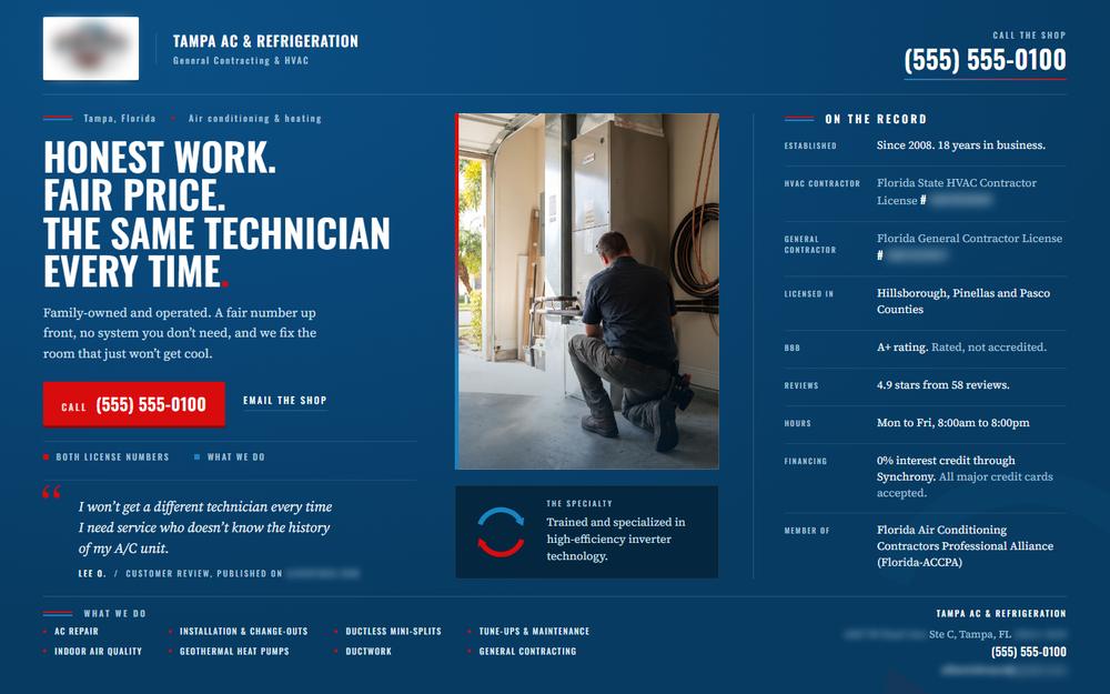 The rebuilt website, with identifying details redacted.