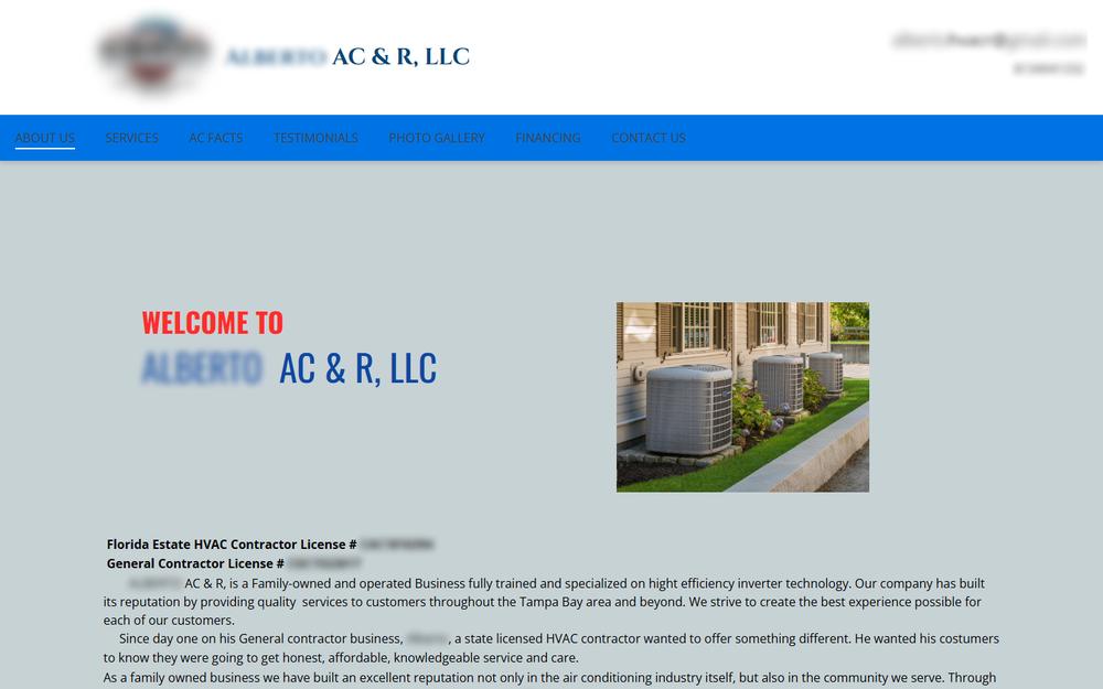 The contractor&rsquo;s existing website, with identifying details redacted.